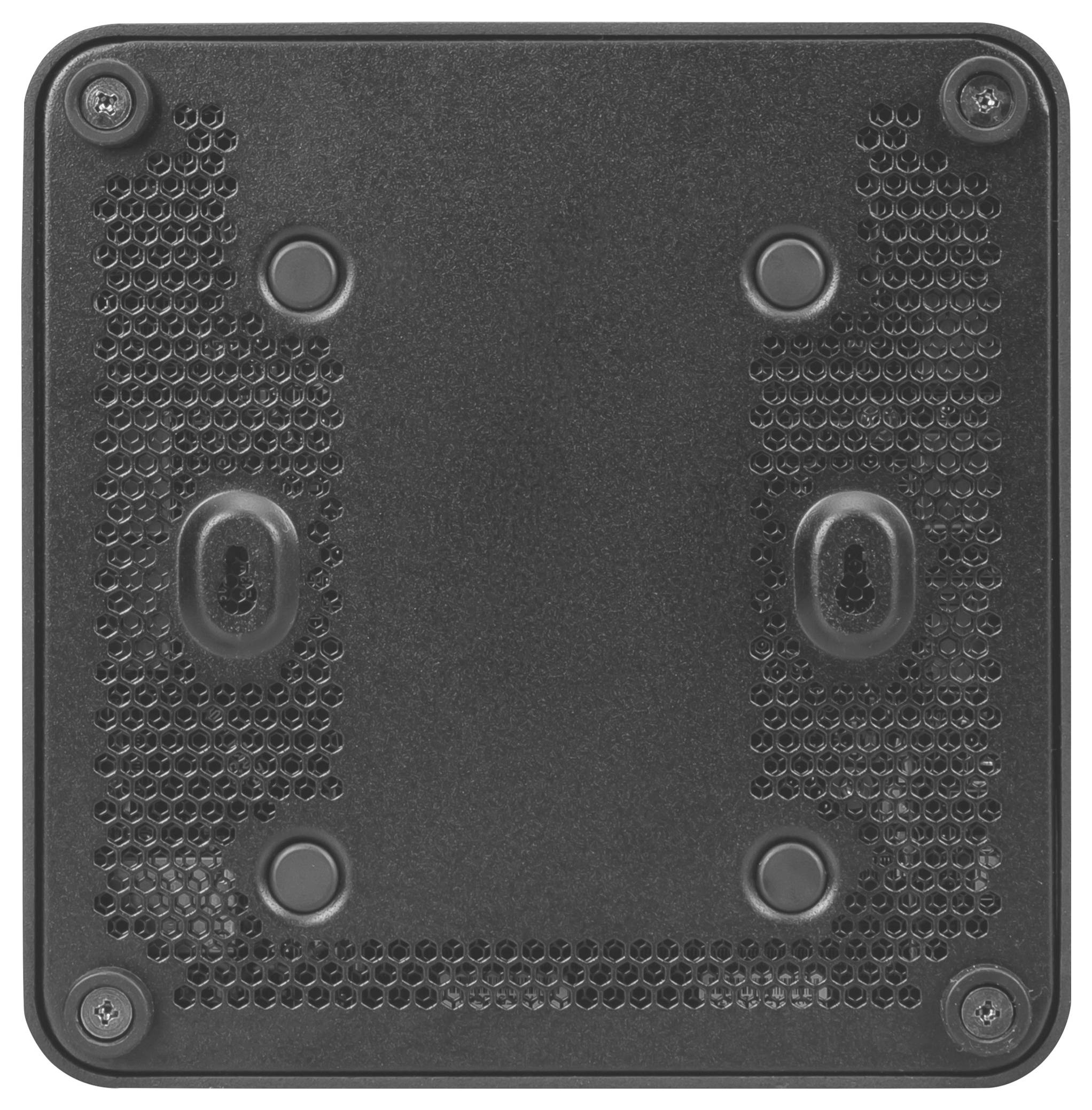 Rückseite eines elektronischen Geräts mit mehreren Schraubpunkten und Lüftungsgittern sichtbar.