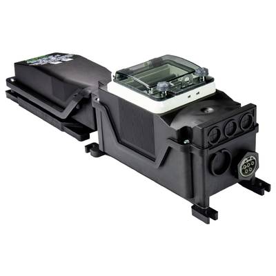 Industriegerät aus schwarzem Material mit elektrischen Anschlüssen und einem transparenten Deckel. Verwendet in automatisierten Systemen.