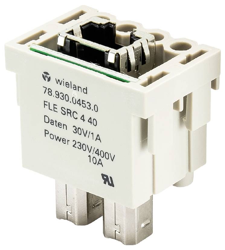 Ein elektrisches Steckmodul der Marke Wieland, Modell FLE SRC 4 40. Spezifikationen: Daten 30V/1A, Leistung 230V/400V 10A.