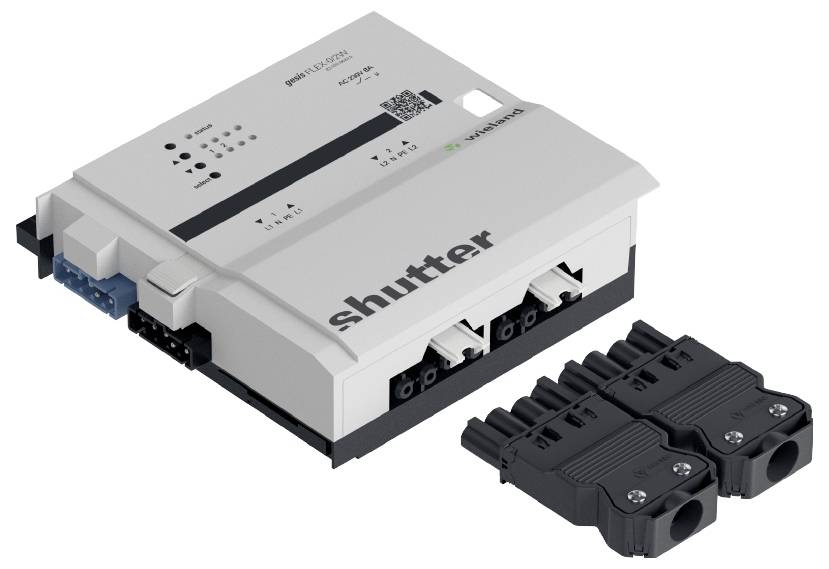 Ein weißes, rechteckiges elektrisches Gerät mit der Aufschrift 'shutter', versehen mit mehreren Anschlüssen und einem abnehmbaren Teil.