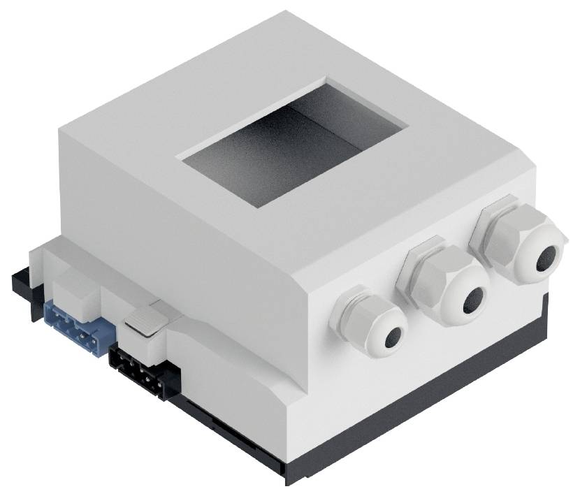Ein weißes, rechteckiges Gerät mit drei Anschlüssen an der Seite und einem rechteckigen Display auf der Oberseite, möglicherweise ein elektronisches Messgerät.