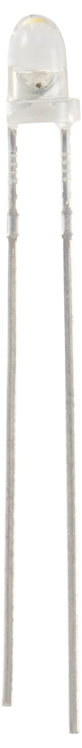 Eine weiße LED mit zwei langen, dünnen Metallanschlüssen, die für elektronische Schaltungen verwendet wird.