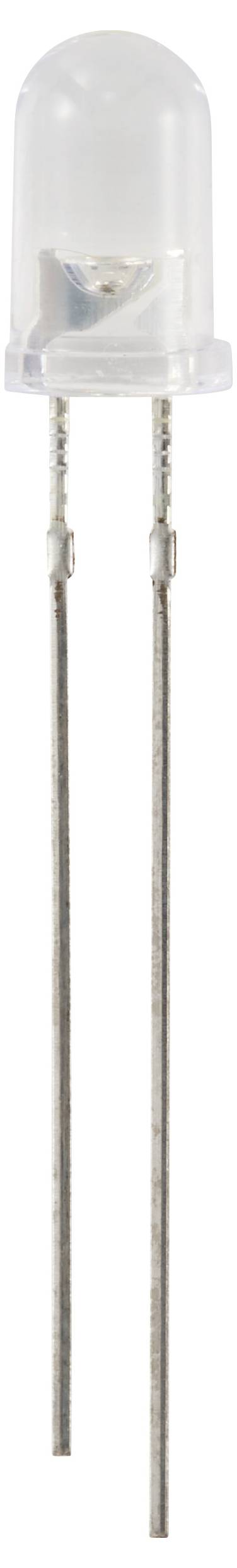 Leuchtdiode mit zwei langen Metallanschlüssen und einer klaren, runden Kappe, die auf weißem Hintergrund steht.