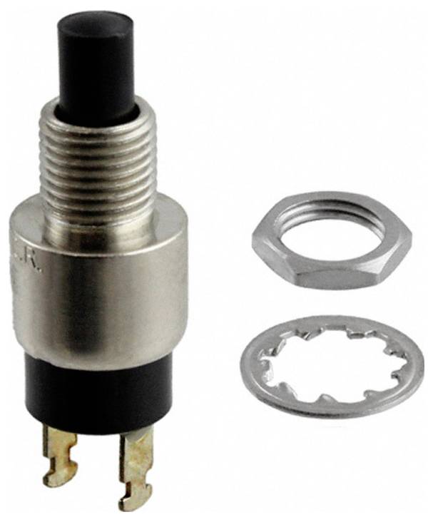 Druckschalter mit Metallgehäuse, zwei Lötterminals und abnehmbaren Metallunterlegscheiben, verwendet für elektronische Anwendungen.