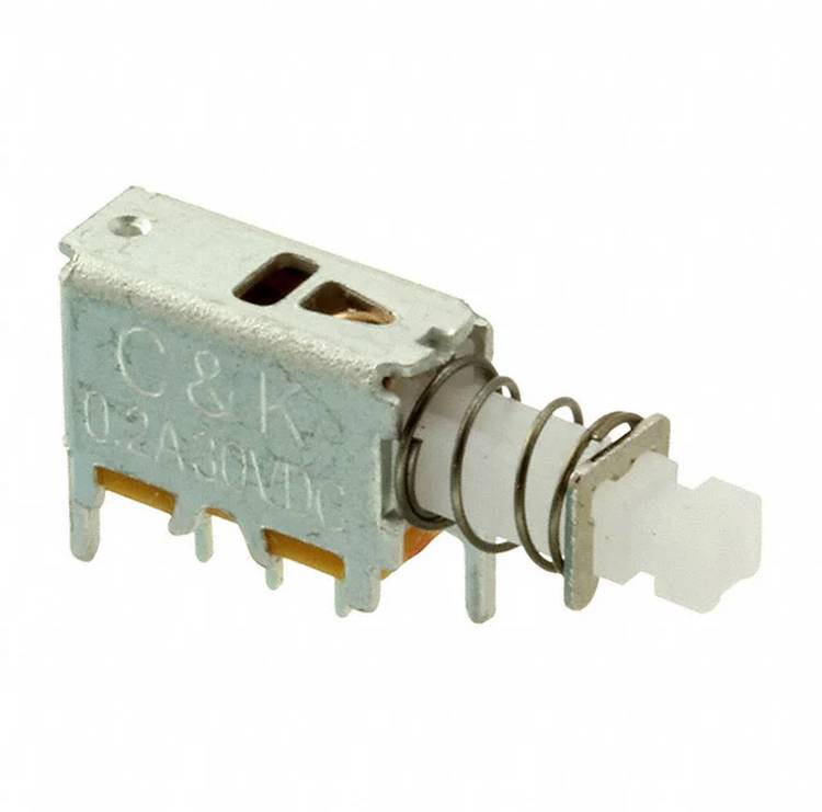 Ein kleiner Metallkippschalter mit einem Kunststoffhebel und Federmechanismus, der häufig in elektronischen Schaltungen zur Kontrolle des Stromflusses verwendet wird.