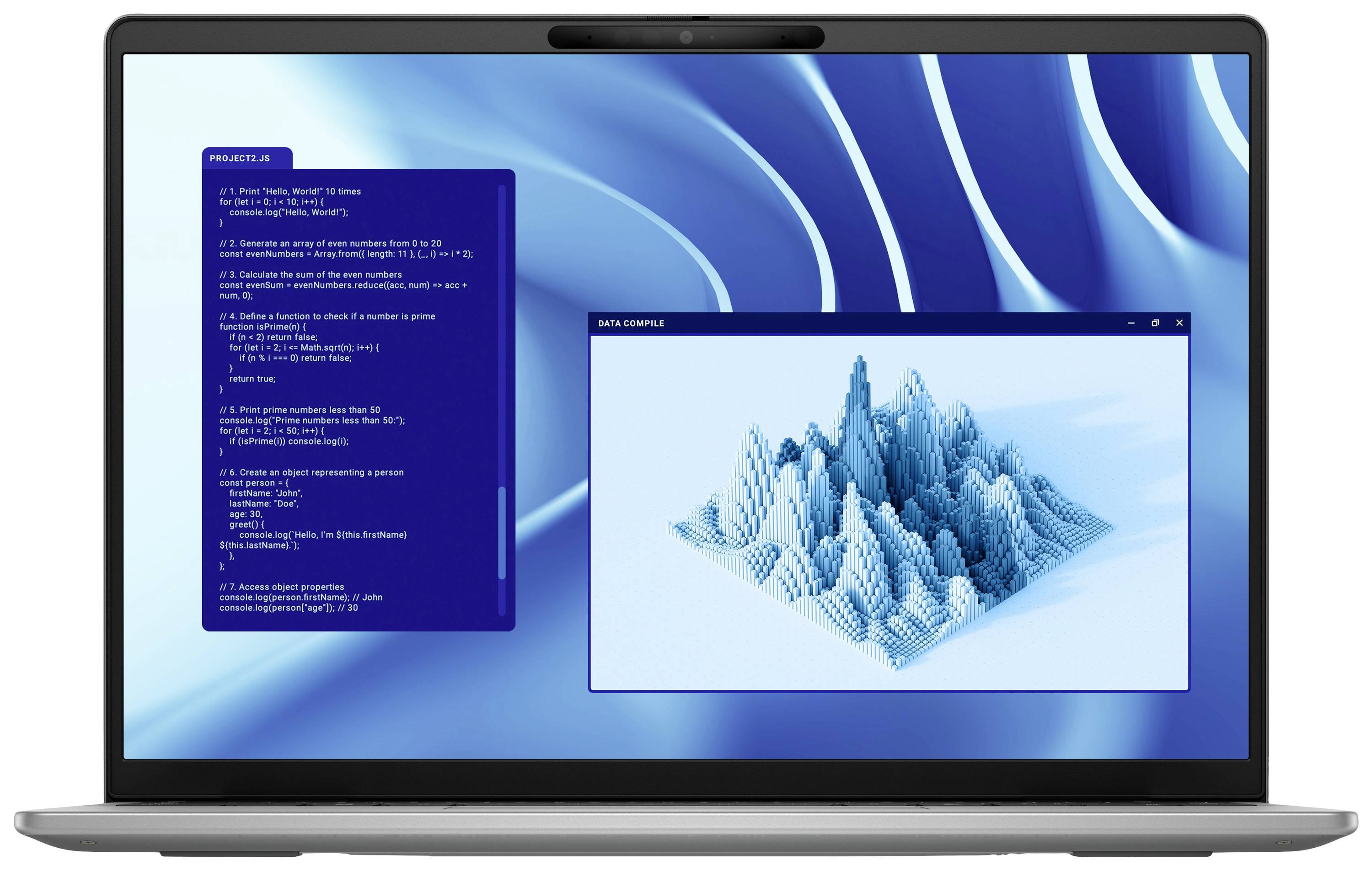 Ein Laptop-Display zeigt ein mathematisches 3D-Diagramm neben einem Text über fortgeschrittene Programmiermethoden in einem blauen Design.
