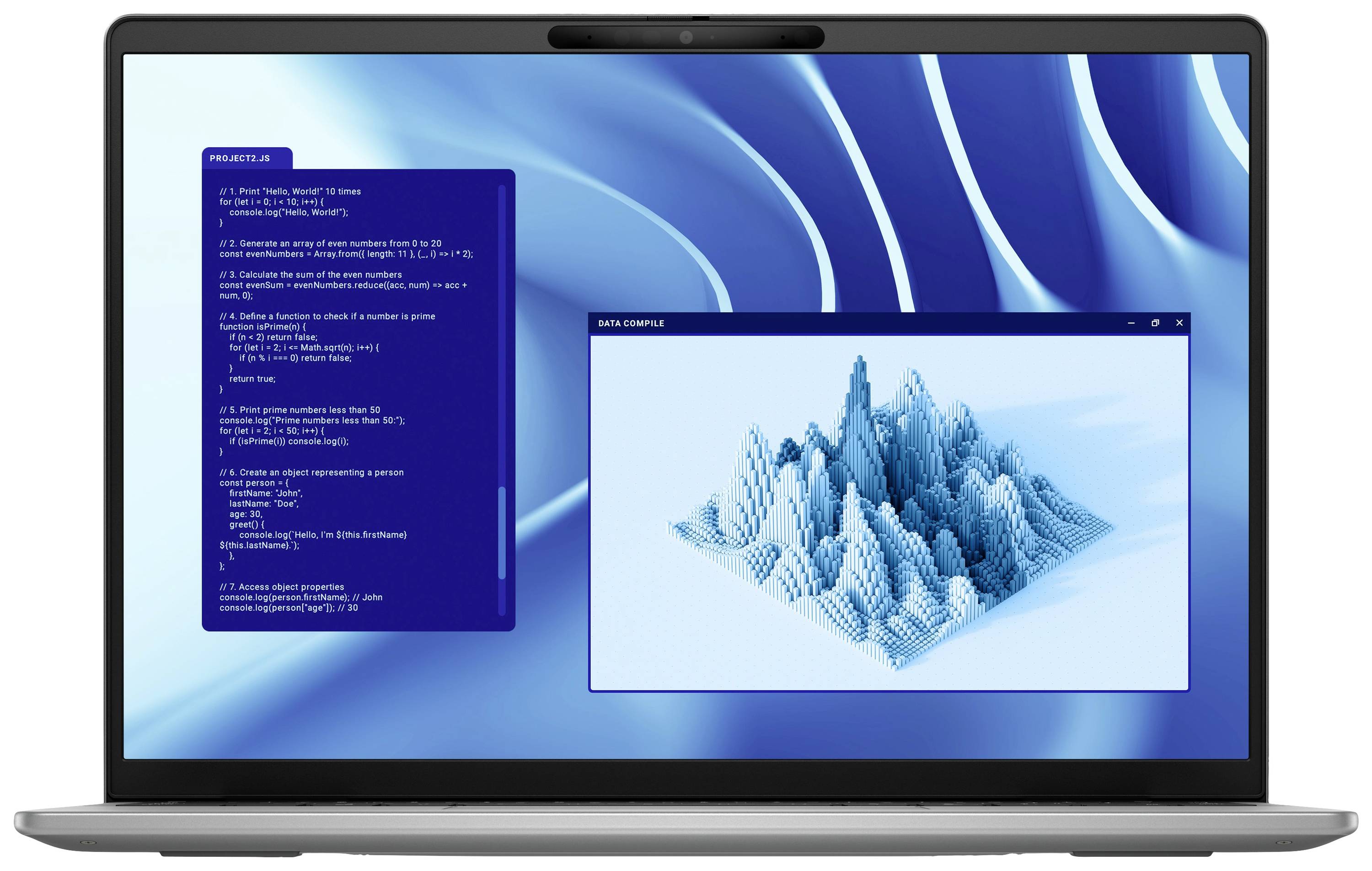 Ein Laptopbildschirm zeigt einen Code-Editor auf der linken Seite und eine 3D-Grafik auf der rechten Seite mit blauen, wellenartigen Strukturen.