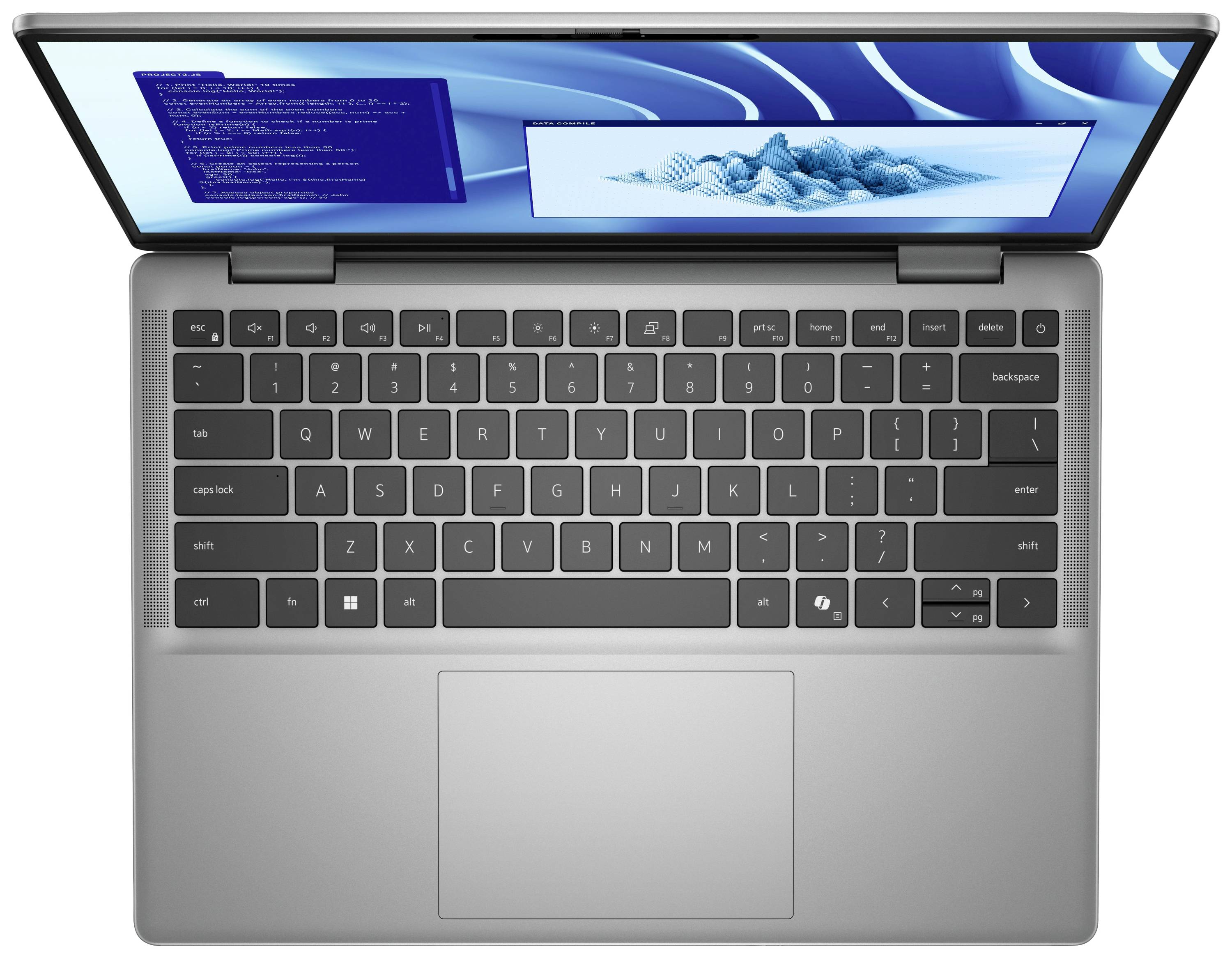 Silberner Laptop mit geöffnetem Bildschirm, der blauen Code und Grafik zeigt. Vollständige Tastatur und großes Touchpad sichtbar.