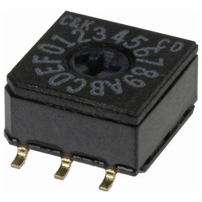 Ein schwarzer Drehschalter mit den Ziffern 0-9 und Buchstaben A-F oben, die hexadezimale Einstellungen anzeigen, verfügt über vier goldene Stifte für die Konnektivität.
