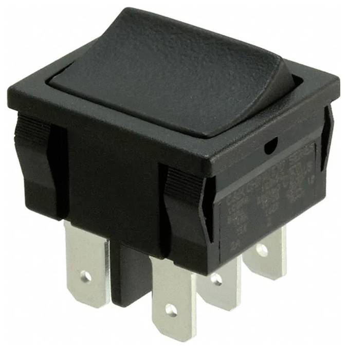 Ein schwarzer Wippschalter mit drei Metallklemmen wird gezeigt. Er ist für elektronische Schaltkreise konzipiert und ermöglicht das Umschalten zwischen Ein- und Aus-Zuständen.