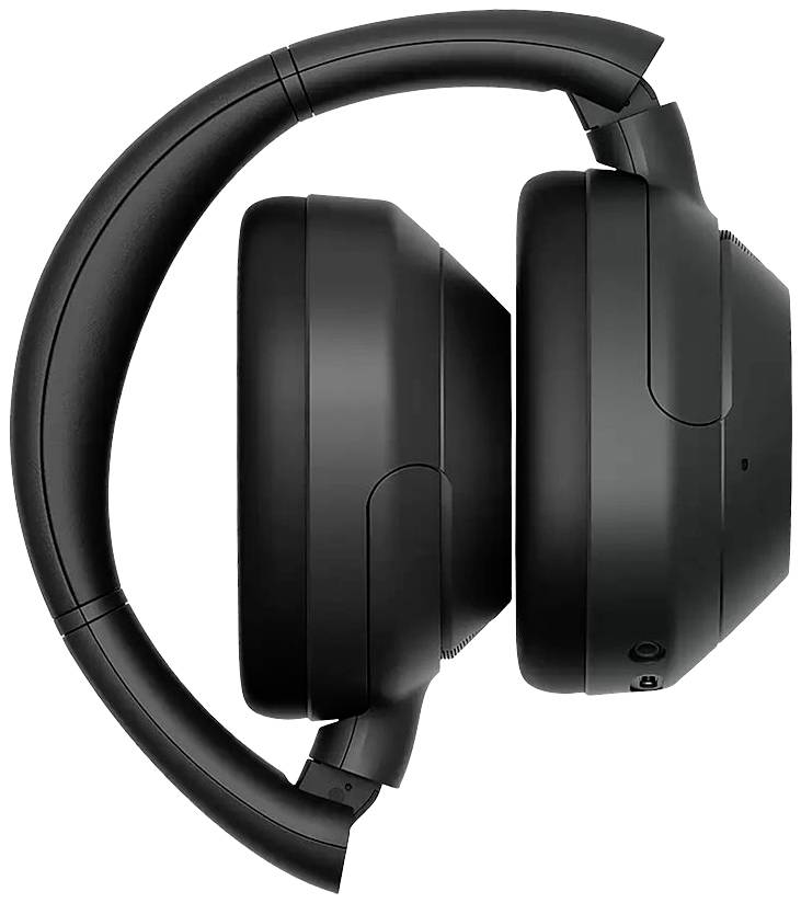 Schwarze, zusammenklappbare Over-Ear-Kopfhörer von der Seite, zeigen die Ohrmuscheln und das Kopfband in kompakter Form. Ideal für Reisen.