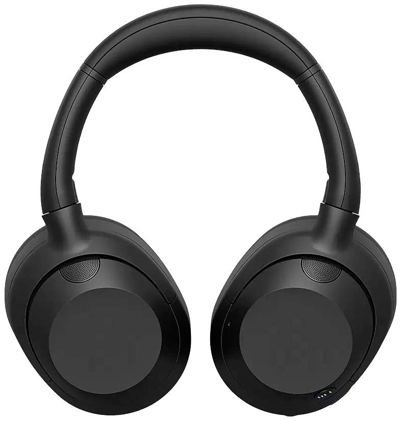 Schwarze, drahtlose Over-Ear-Kopfhörer mit abgerundeten Ohrmuscheln und gepolstertem Bügel, geeignet für Musikgenuss unterwegs.