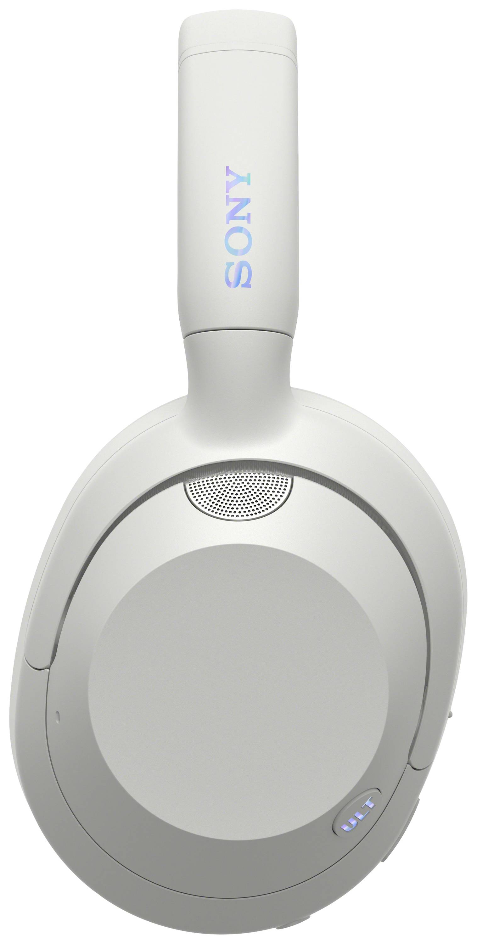 Ein weißer Kopfhörer von Sony, von oben betrachtet, mit einem sichtbaren Logo und Knopf auf der rechten Seite.