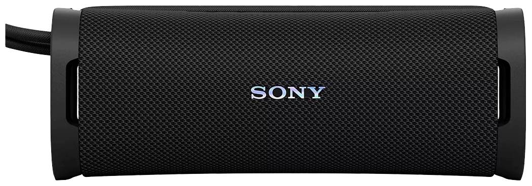Schwarzer tragbarer Lautsprecher mit Sony-Logo in der Mitte. Quadratisches Design mit abgerundeten Ecken und seitlichen Griffen.