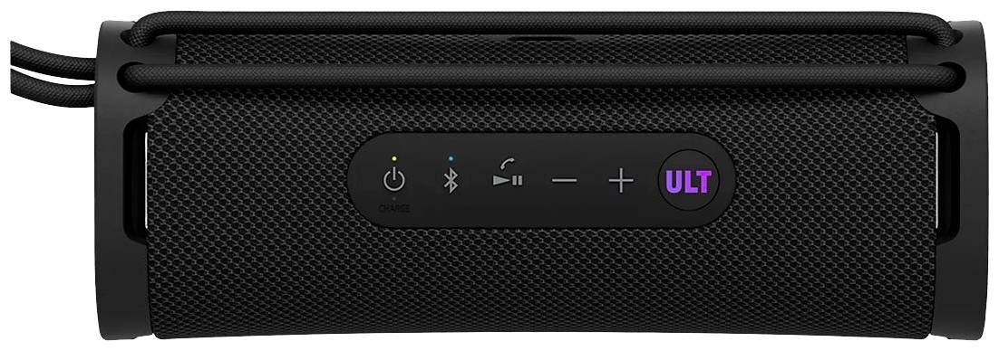 Tragbarer schwarzer Bluetooth-Lautsprecher mit Bedienfeld und Logo 'ULT' auf der Vorderseite.