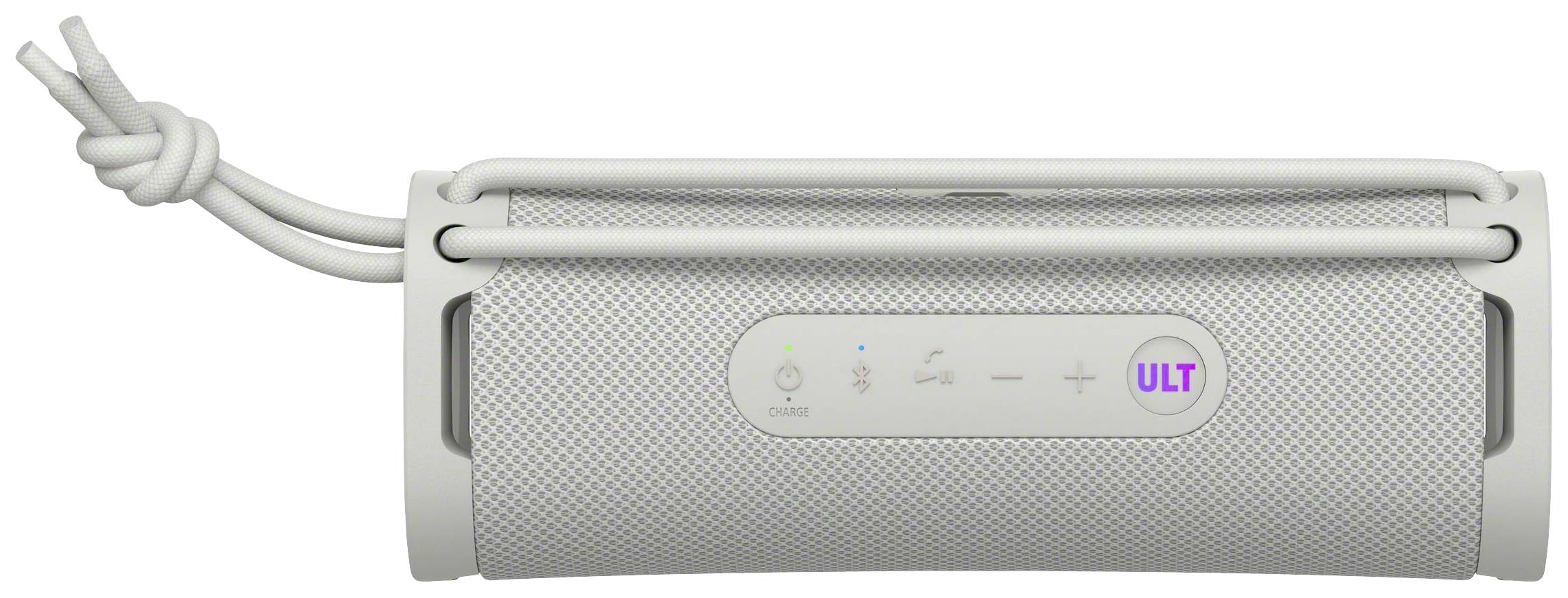Ein tragbarer, weißer Bluetooth-Lautsprecher mit leuchtendem Display 'ULT', Lautstärkeregler und Schnurgriff, liegt horizontal.