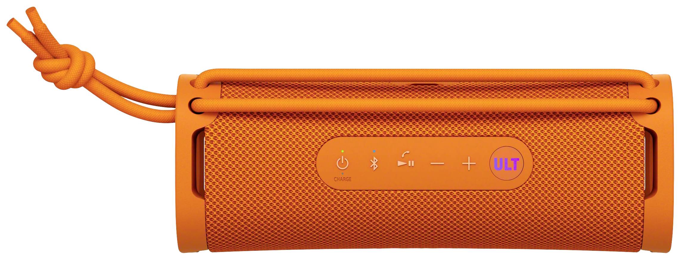 Orangefarbener, tragbarer Lautsprecher mit sichtbaren Bedienelementen für Lautstärke und Verbindung. Kompaktes, stilvolles Design.