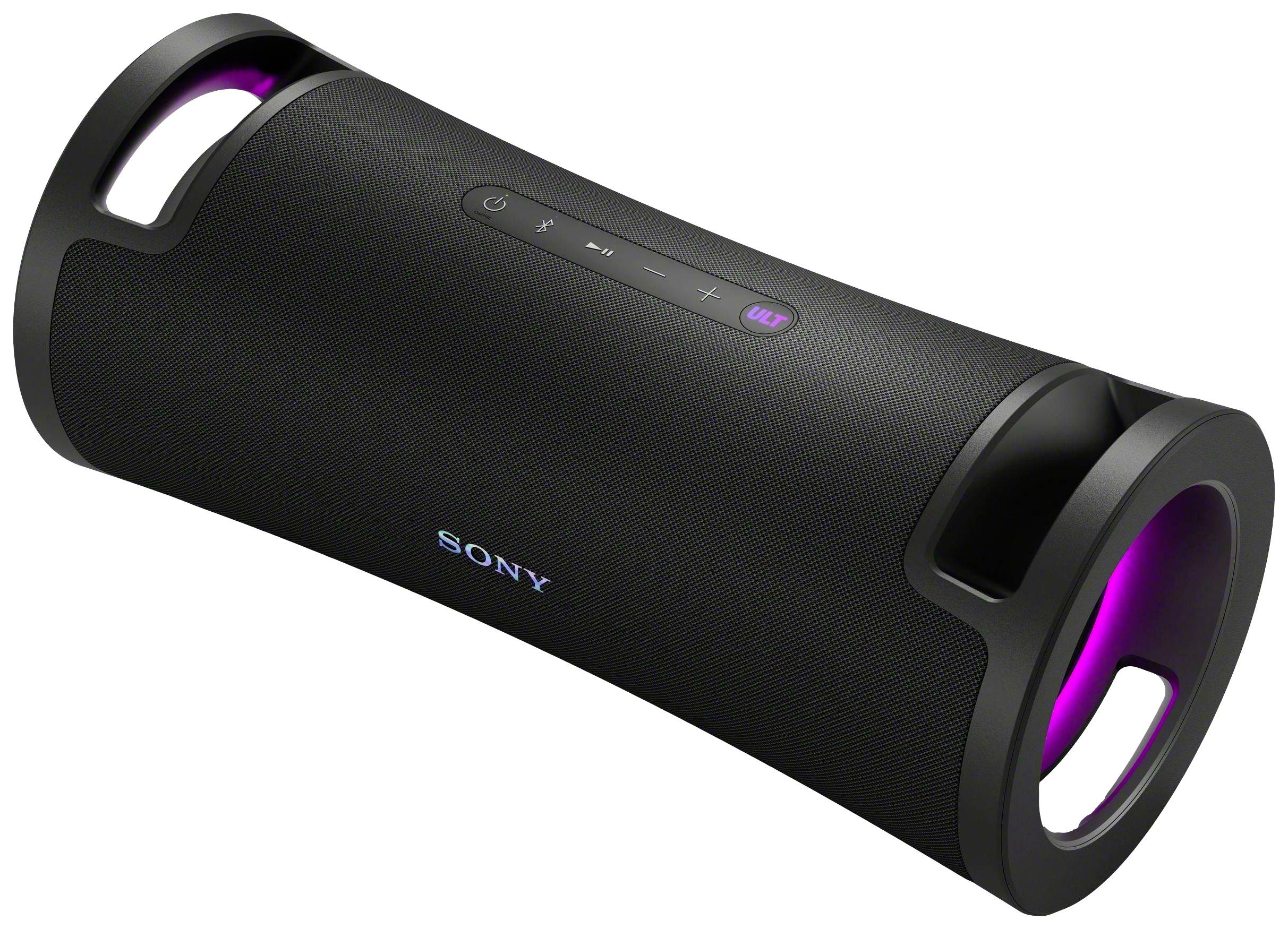 Ein tragbarer, zylindrischer, schwarzer Lautsprecher von Sony mit Griffen, leuchtenden Enden und Bedienelementen oben.