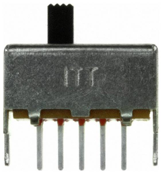 „Metallisches elektronisches Bauteil mit sechs Stiften und einem schwarzen Schiebeknebel oben, mit der Bezeichnung ITT."