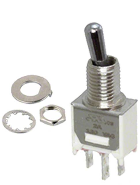 Miniatur-Kippschalter mit drei Metallkontakten, einer Unterlegscheibe, einer Sicherungsscheibe und einer Mutter, verwendet für Elektronik und Schaltungssteuerung.