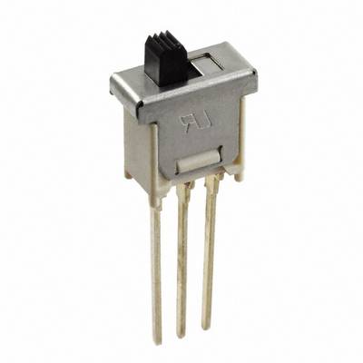 Ein kleiner dreipoliger Schiebeschalter mit Metallgehäuse und schwarzem Schieber, der auf elektronischen Leiterplatten verwendet wird.