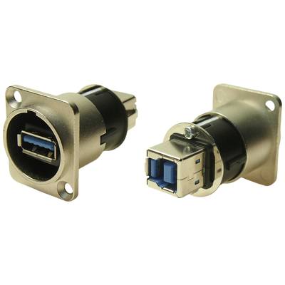 Zwei USB-Anschlüsse in Metallgehäuse, einer in Vorderansicht und einer in Rückansicht. Geeignet für robuste Verbindungen und Montage.