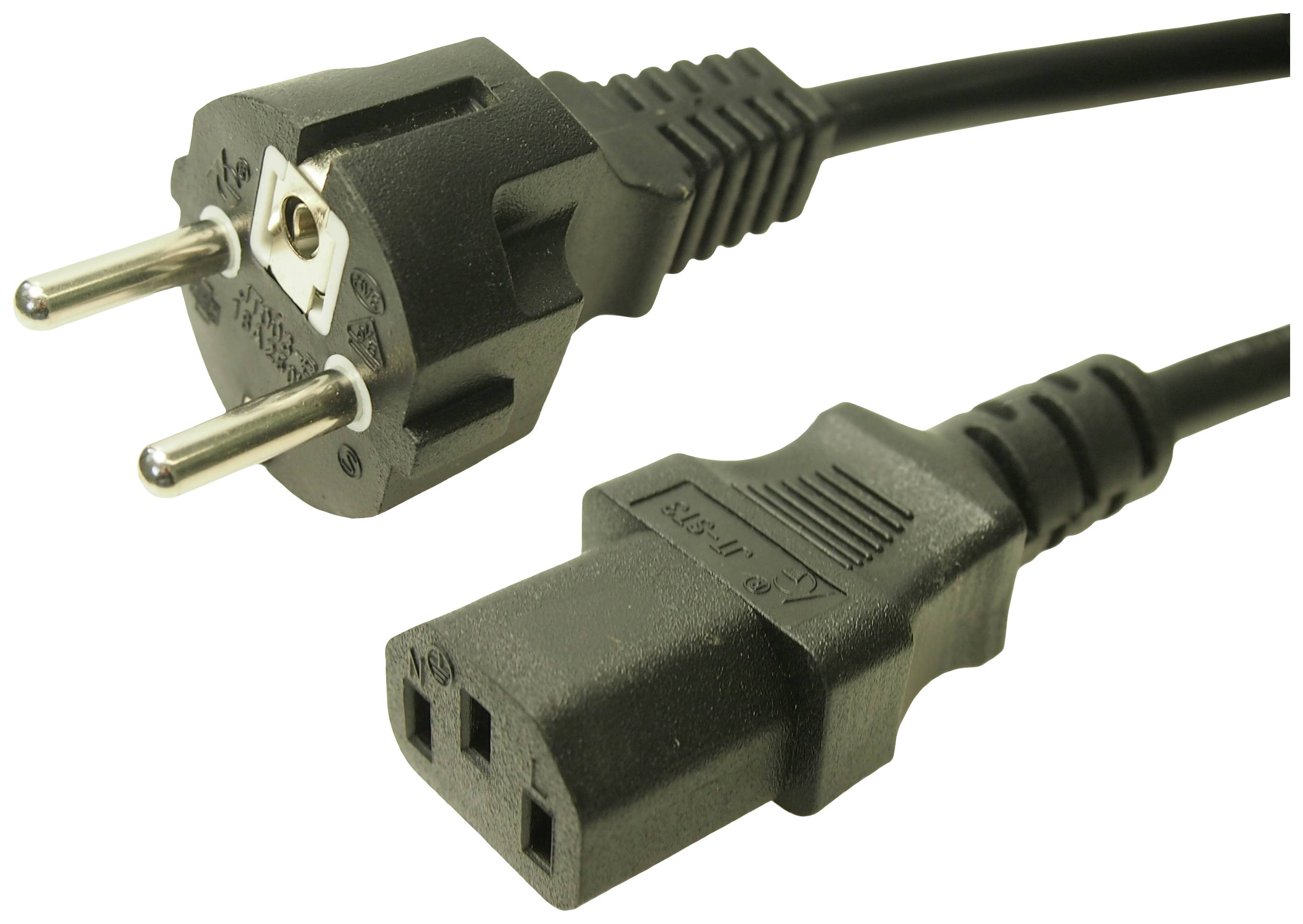 'Abbildung zeigt ein zweiteiliges Netzkabel mit Schuko-Stecker und Kaltgerätekabel. Es wird zur Stromversorgung von Geräten verwendet.'