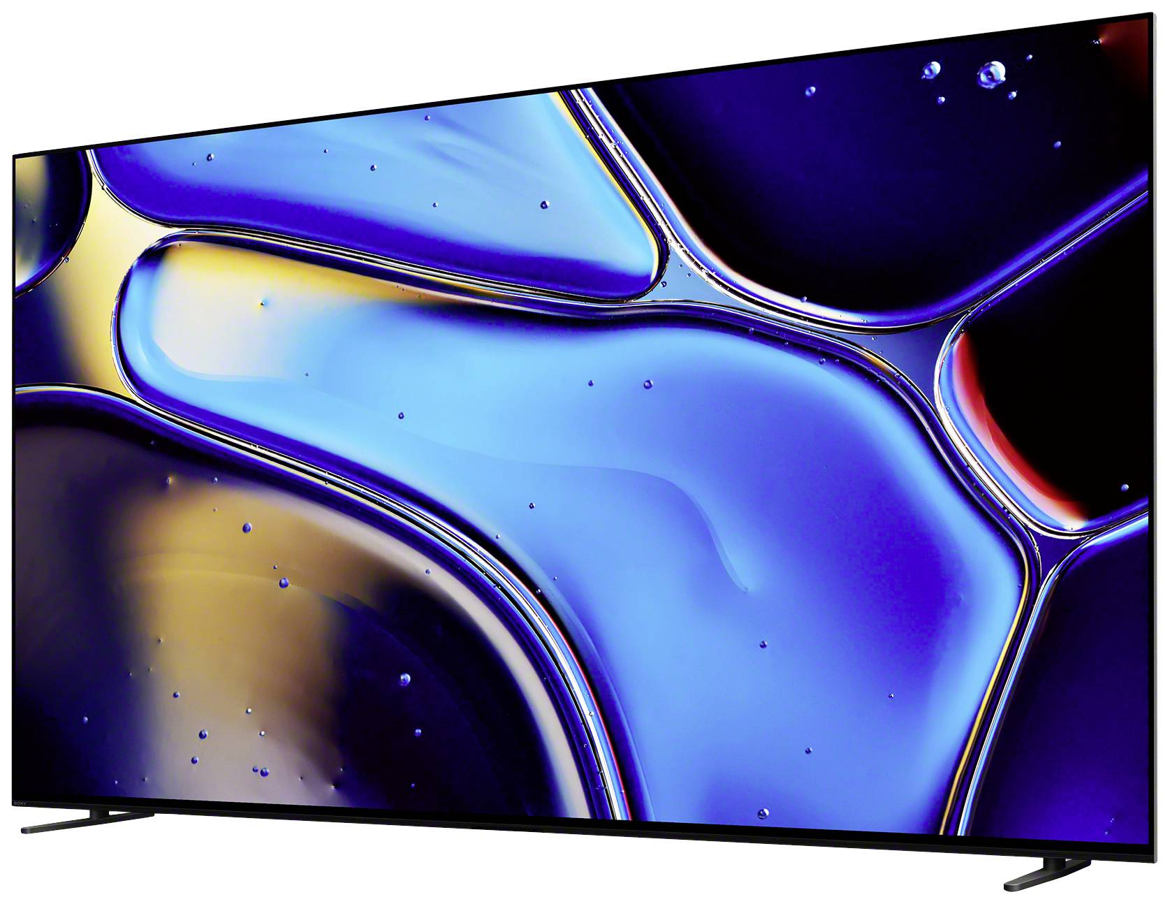 Ein großer Flachbildfernseher zeigt ein abstraktes Bild mit flüssig wirkenden blauen, gelben und roten Formen.