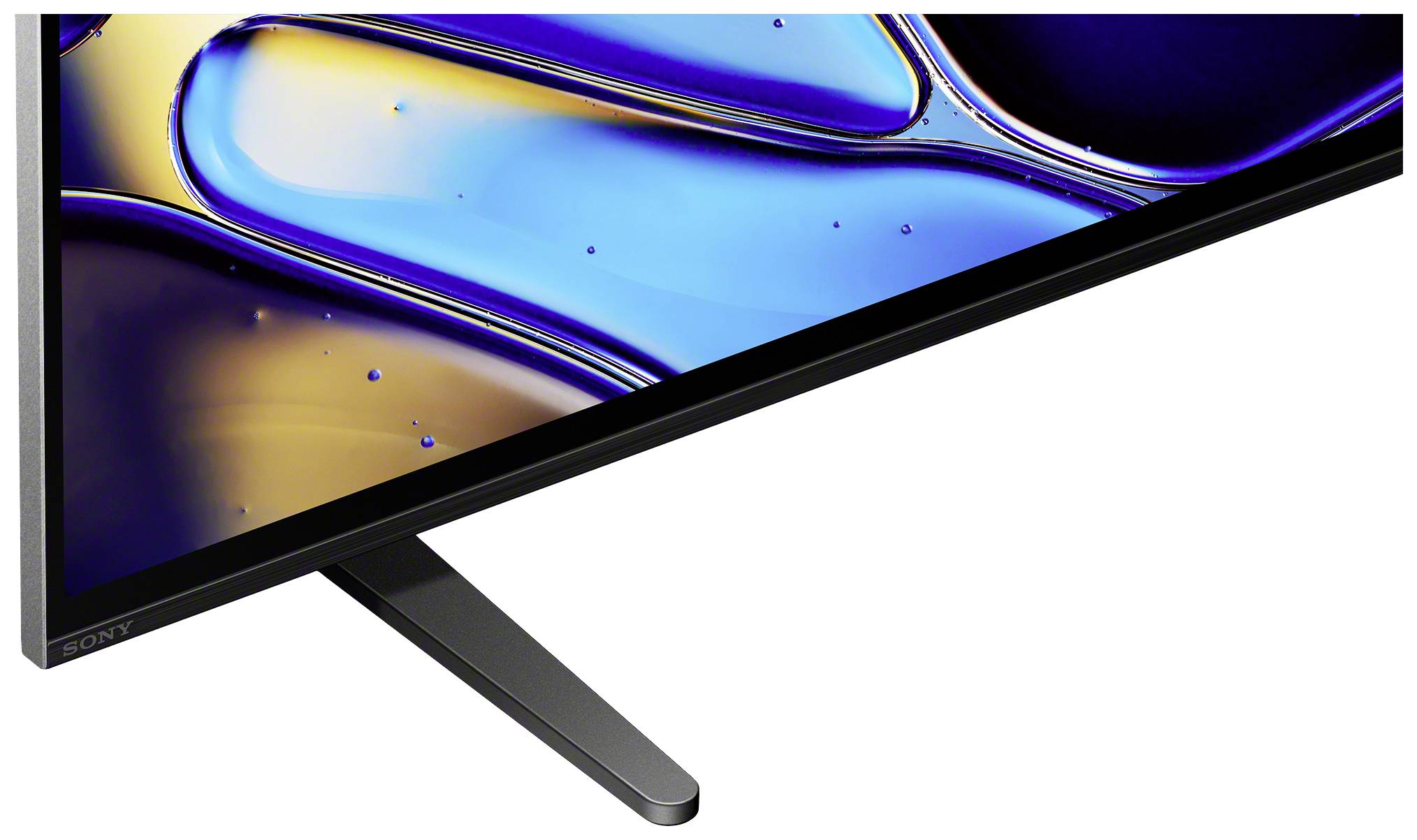 Flacher Bildschirm mit abstrakten blau-gelben Mustern auf dem Display. Der schwarze Rahmen und das elegante Stativ sind sichtbar.