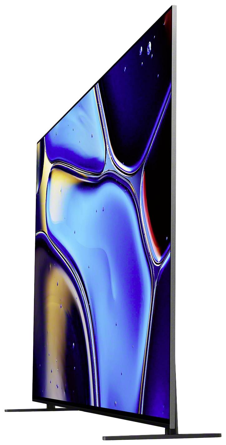 Ultraflacher Fernseher mit seitlicher Ansicht, zeigt leuchtende, abstrakte blaue und gelbe Muster auf dem Bildschirm.