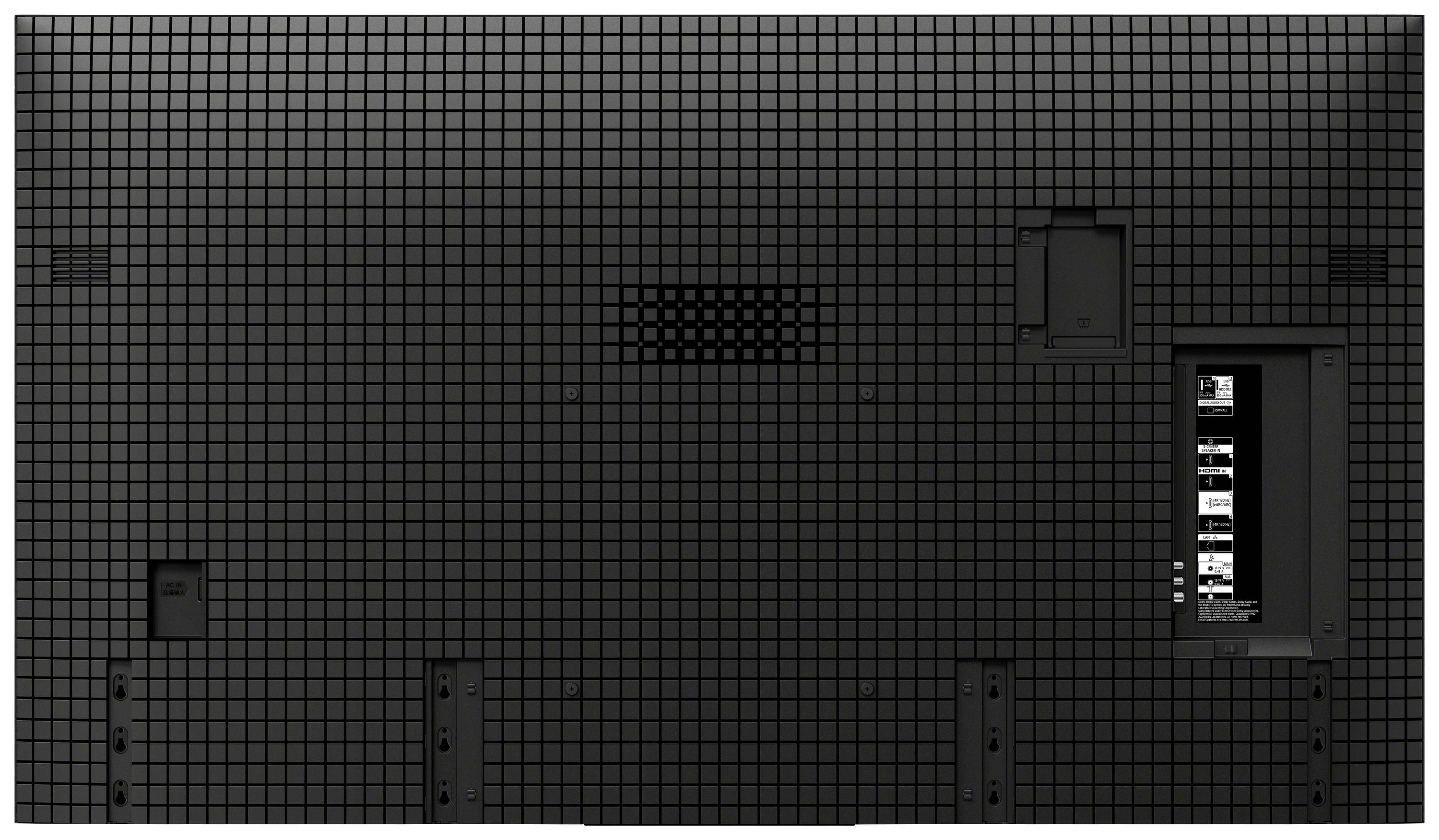 Rückseite eines Fernsehers mit mehreren Anschlussbereichen und Lüftungsschlitzen. Klare Struktur mit rechteckigem Muster sichtbar.