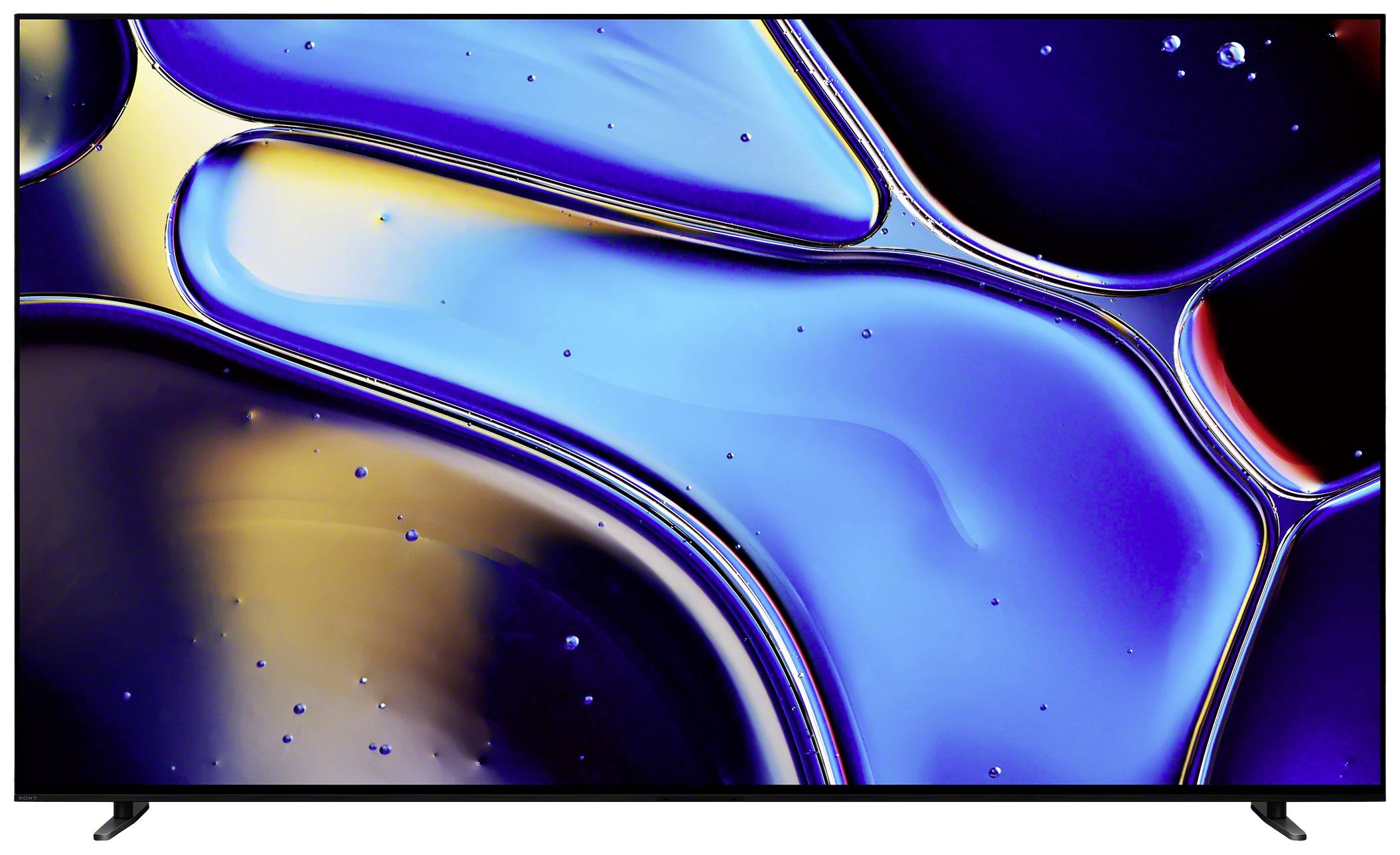 Abstraktes Bild mit blauen und gelben Flüssigkeitsspiegelungen, die wie geschmolzenes Metall wirken, mit Licht- und Schatteneffekten.