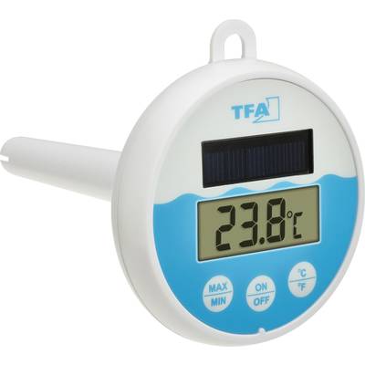 Ein digitales Poolthermometer zeigt 23,8 Grad Celsius an. Es hat Tasten für Maximalwert, An/Aus und Temperaturumrechnung.