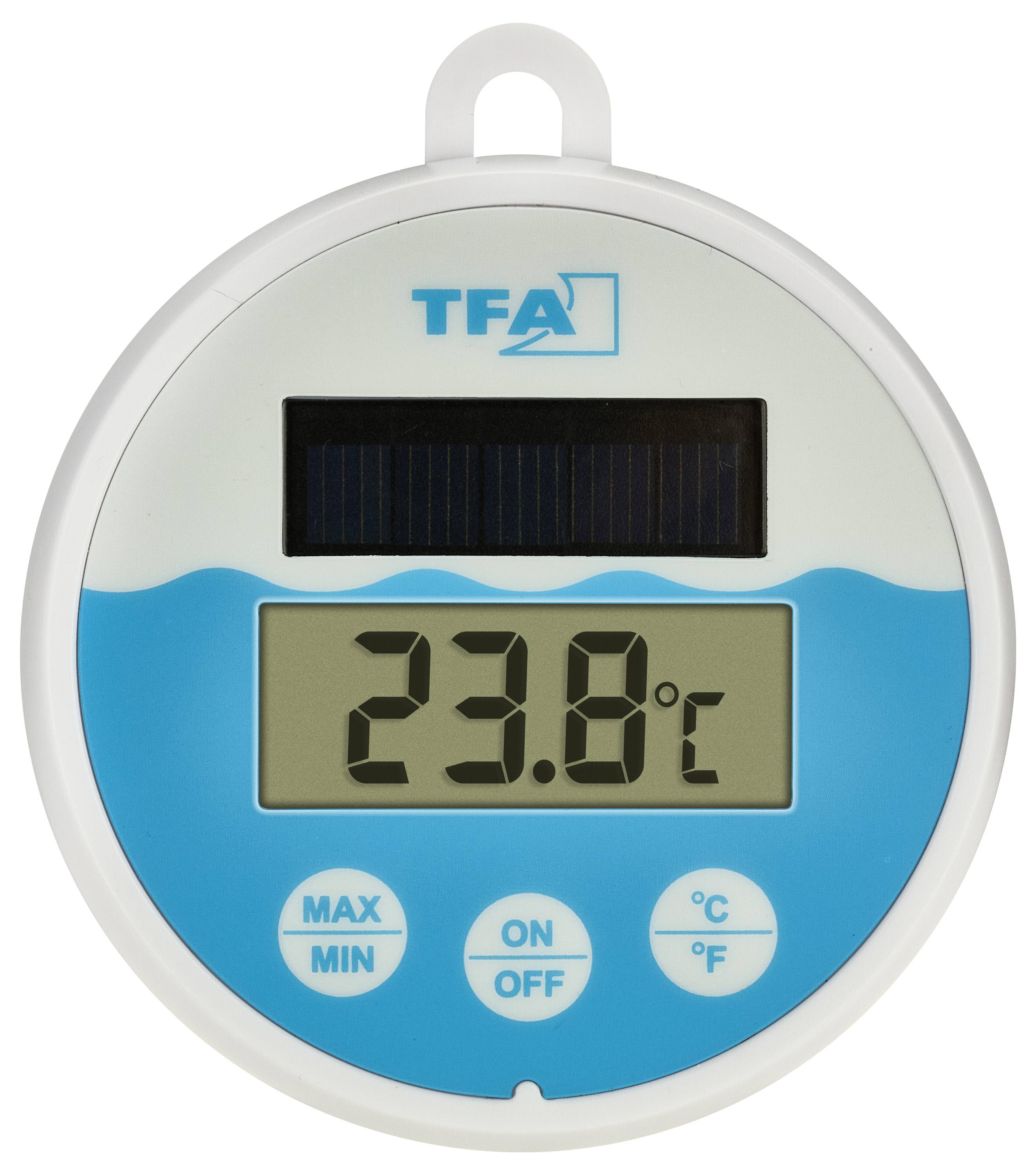 Ein ovales digitales Thermometer zeigt '23,8°C' an. Es hat Tasten für Max/Min, Ein/Aus und °C/°F. Oben ist ein Solarbereich.