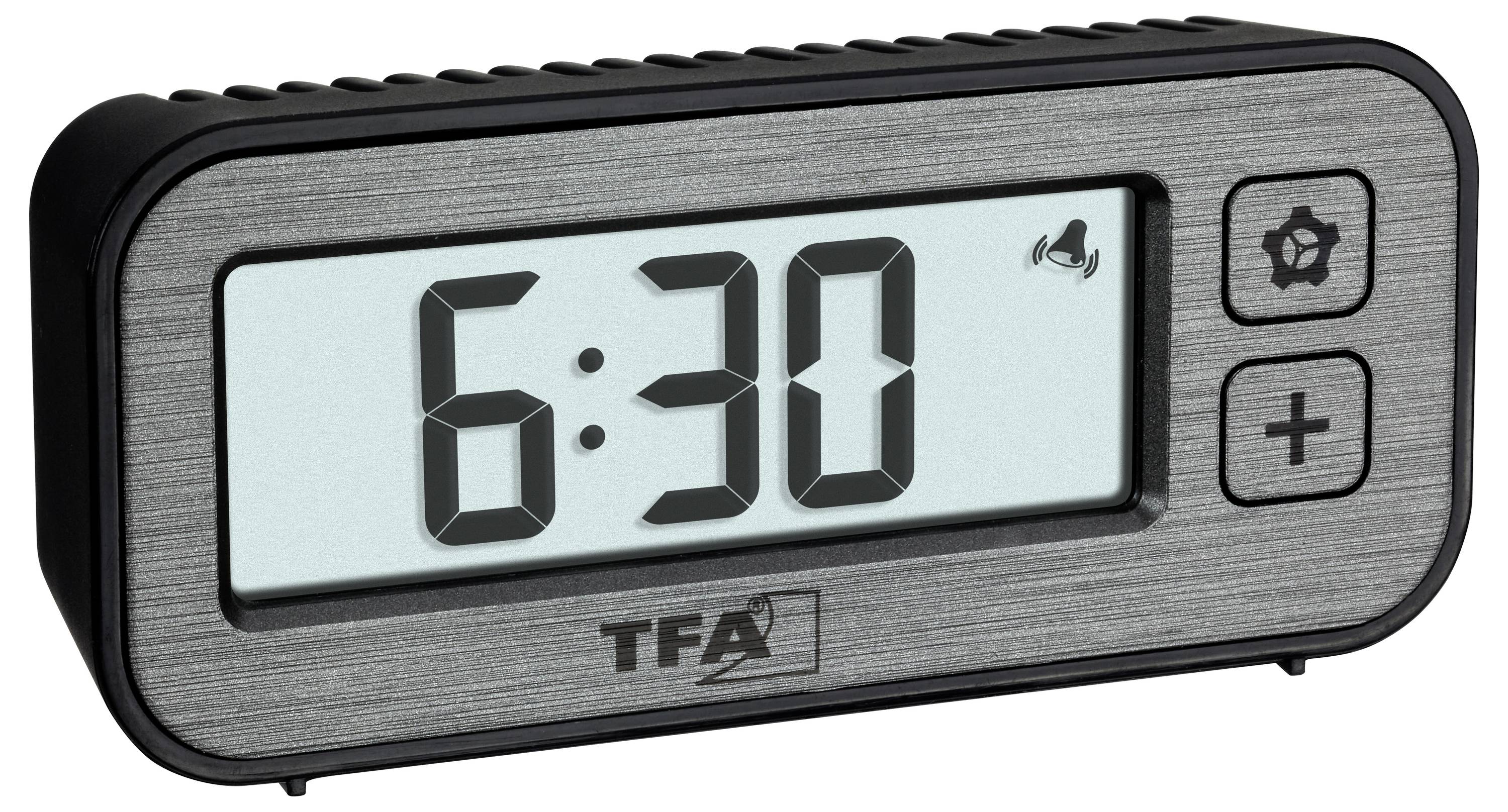 Digitaluhr zeigt '6:30'. Rechte Taste für Lautstärke, linke Taste für Einstellungen. Schwarz-graues Design mit TFA-Logo.