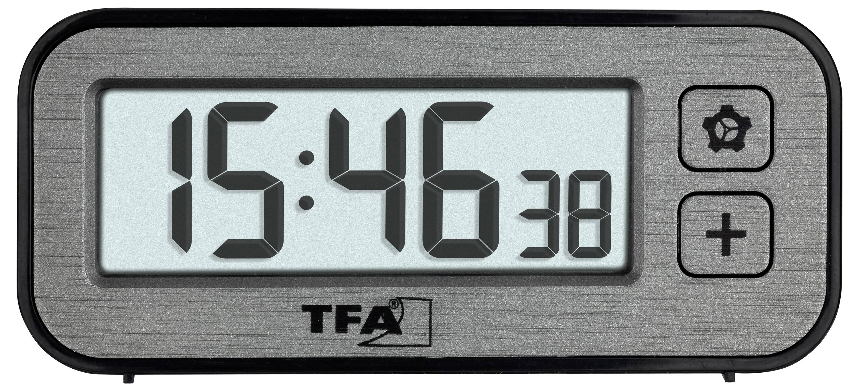 Digitaluhr zeigt 15:46:38. Rechts befinden sich zwei Schaltknöpfe, einer davon ein Zahnrad für Einstellungen.