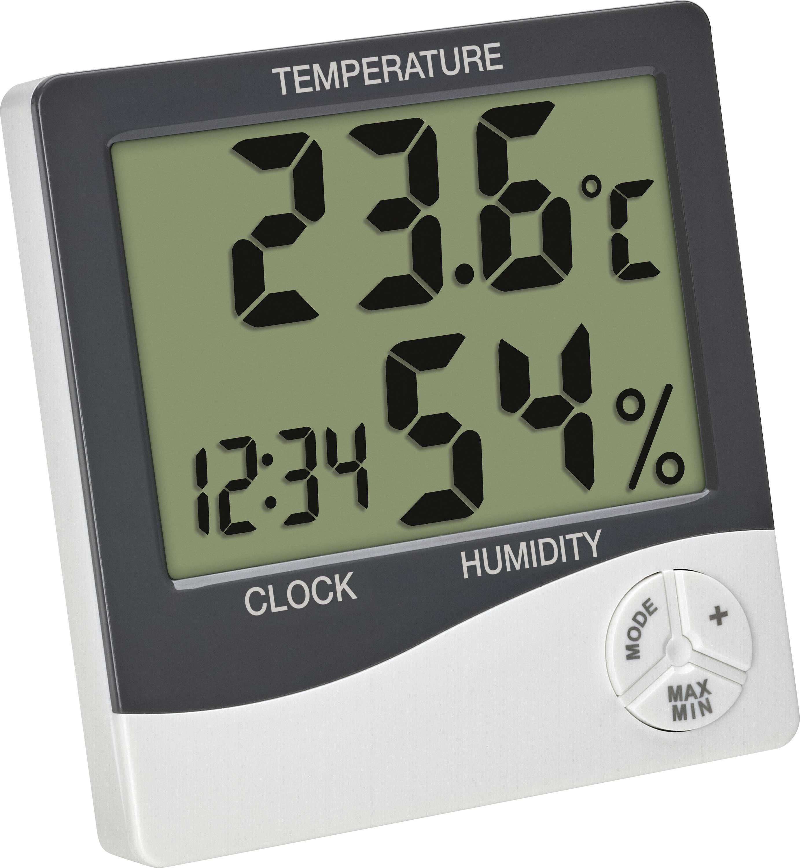 Digitales Thermo-Hygrometer zeigt 23,6 Grad Celsius und 54% Luftfeuchtigkeit an sowie die Uhrzeit 12:34.