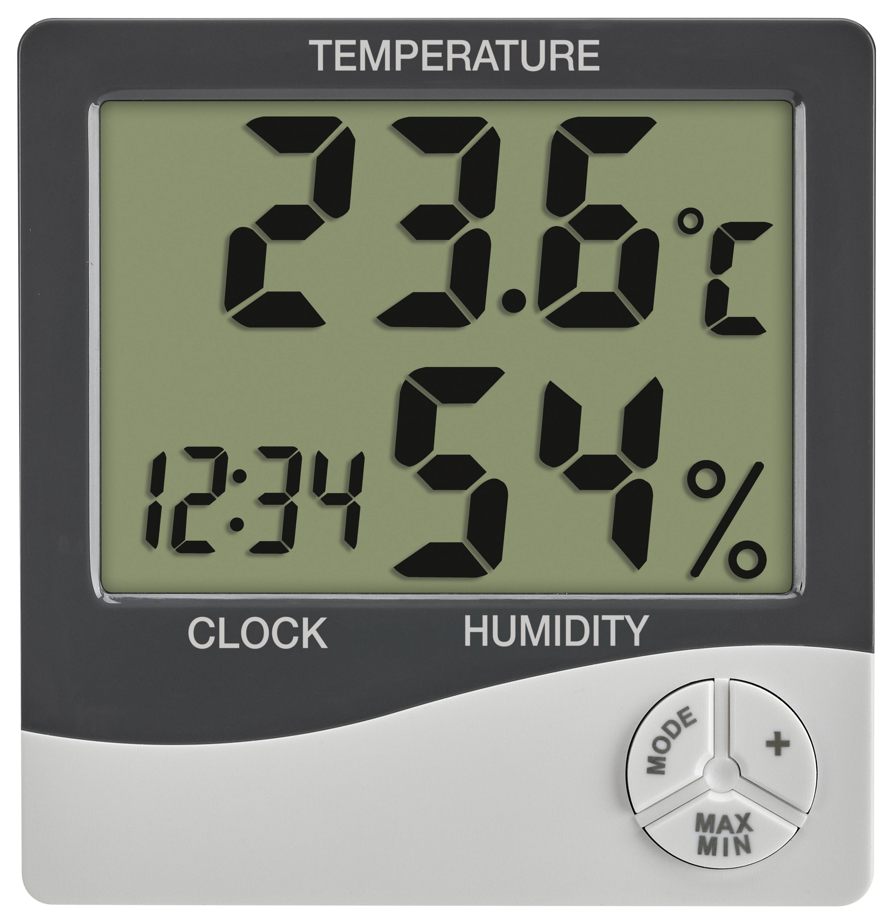 Digitales Thermometer-Hygrometer zeigt Temperatur von 23,6°C, Luftfeuchtigkeit bei 54 %, Uhrzeit 12:34. Unten Modus-Taste.