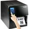 Eine Hand bedient das Touchscreen-Display eines GoDEX-Etikettendruckers, der ein Etikett mit 'Barcodes Made Easy' druckt.
