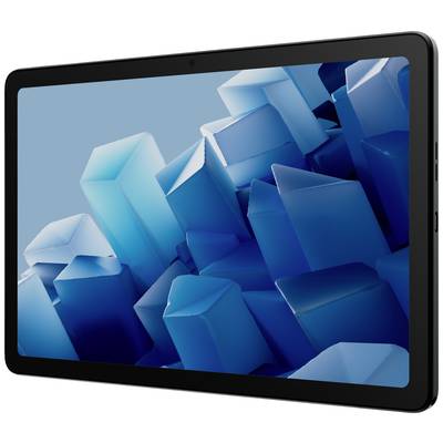 Ein Tablet mit einem geometrischen blauen Hintergrund auf dem Bildschirm.