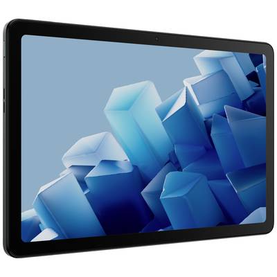 Ein Tablet mit einem Display, das abstrakte, blaue geometrische Formen zeigt.