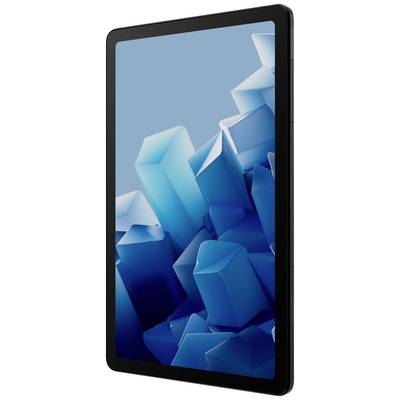 Ein Tablet mit einem Display, das abstrakte blaue geometrische Formen zeigt.