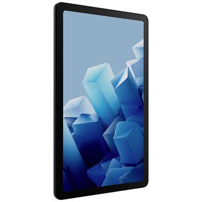 Ein schwarzes Tablet mit einem Bildschirm, der abstrakte blaue Formen auf hellem Hintergrund zeigt.