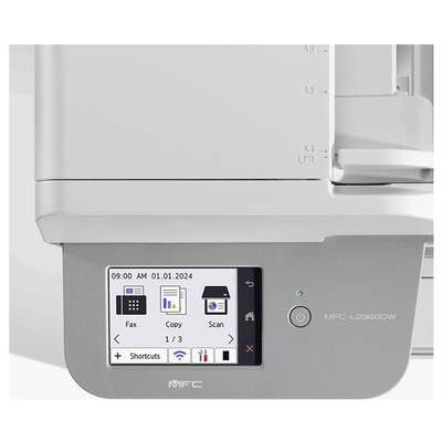 Ein Multifunktionsdrucker-Display zeigt Optionen für Faxen, Kopieren und Scannen, sowie Datum und Zeit: '09:00 AM 01.01.2024'.