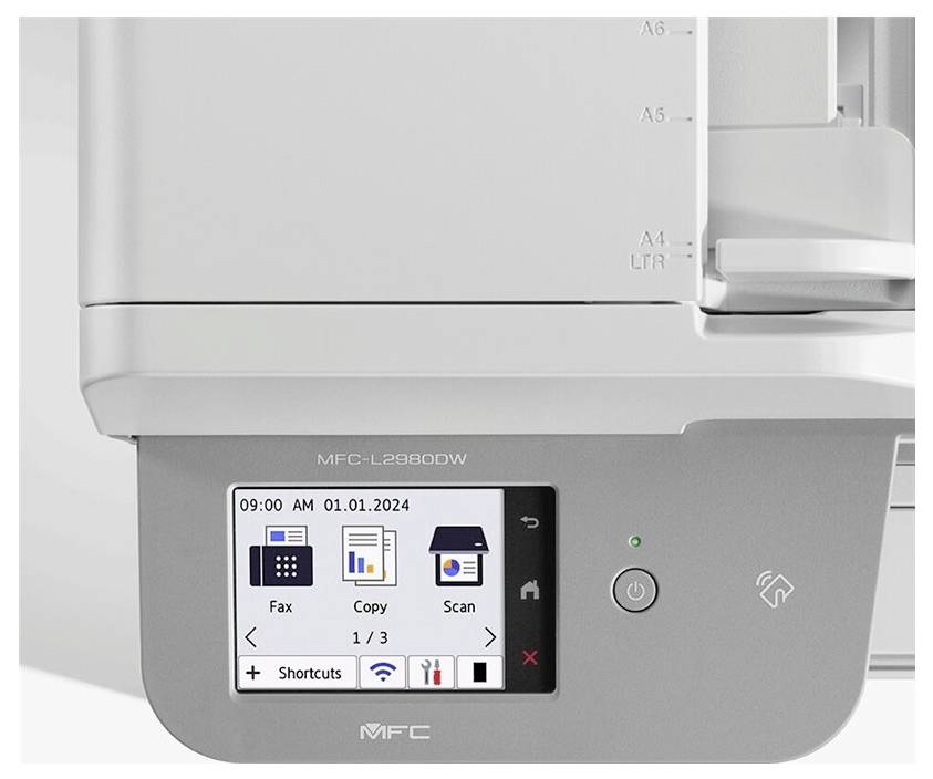 Ein Druckerdisplay mit Optionen für 'Fax', 'Kopieren' und 'Scannen' sowie der Uhrzeit 09:00 AM und dem Datum 01.01.2024.