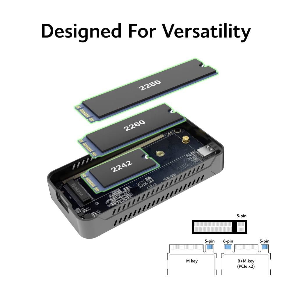 Zusammenbau eines externen Gehäuses für SSDs unterschiedlicher Größen (2242, 2280) mit M und B+M Key. Text: 'Designed For Versatility'.