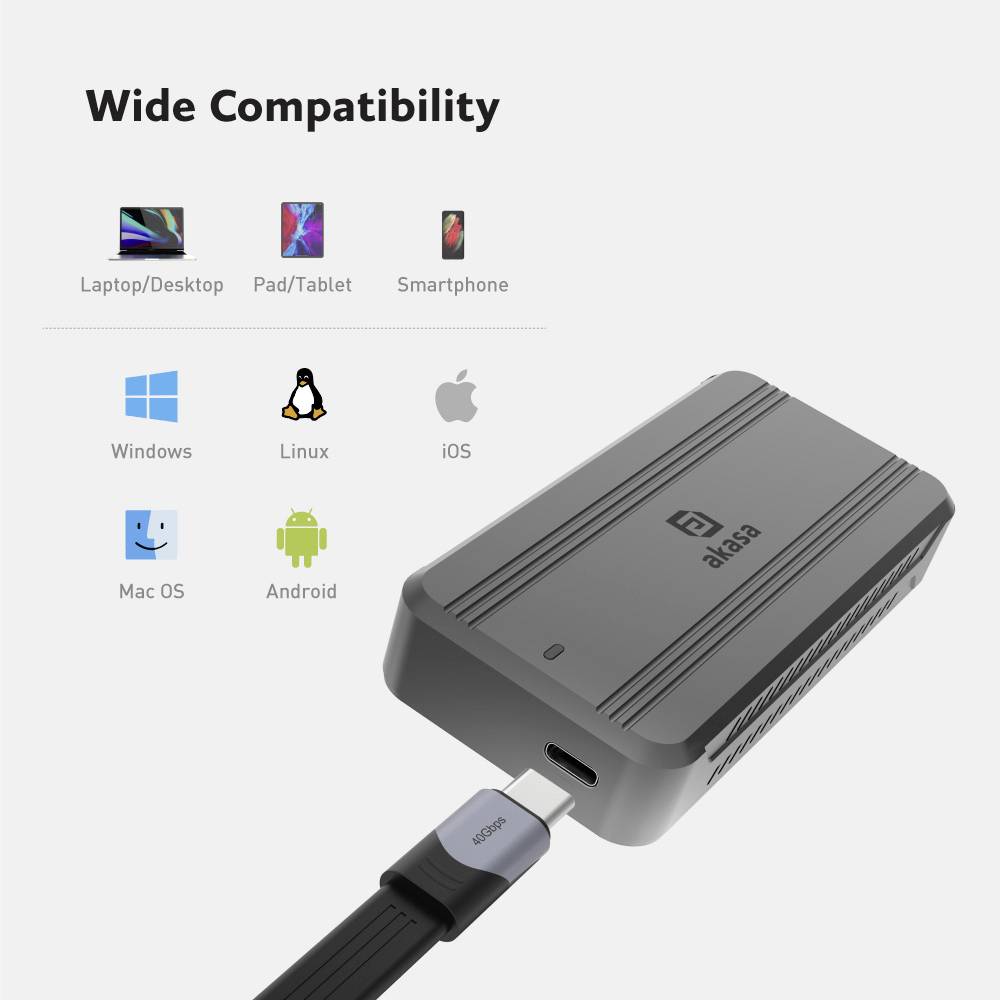 Externe Festplatte mit USB-Anschluss, kompatibel mit Laptop/Desktop, Pad/Tablet und Smartphone. Unterstützt Windows, Linux, iOS, Mac OS, Android.