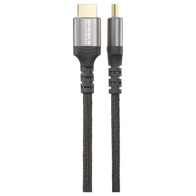 'Zwei schwarze Kabel, eines mit HDMI-Anschluss und das andere mit einem kleineren Stecker. Beschriftung: Speaka Professional.'