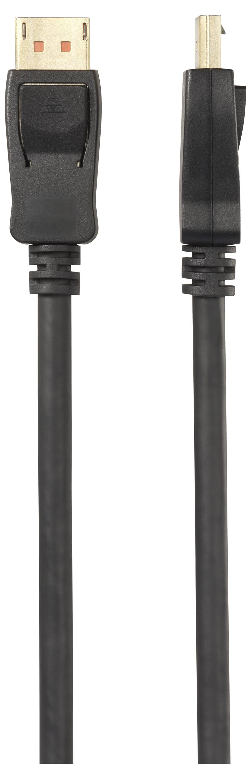 Ein schwarz-goldenes DisplayPort-Kabel mit zwei verschiedenen Anschlussenden zur Übertragung von Video- und Audiosignalen zwischen Geräten.