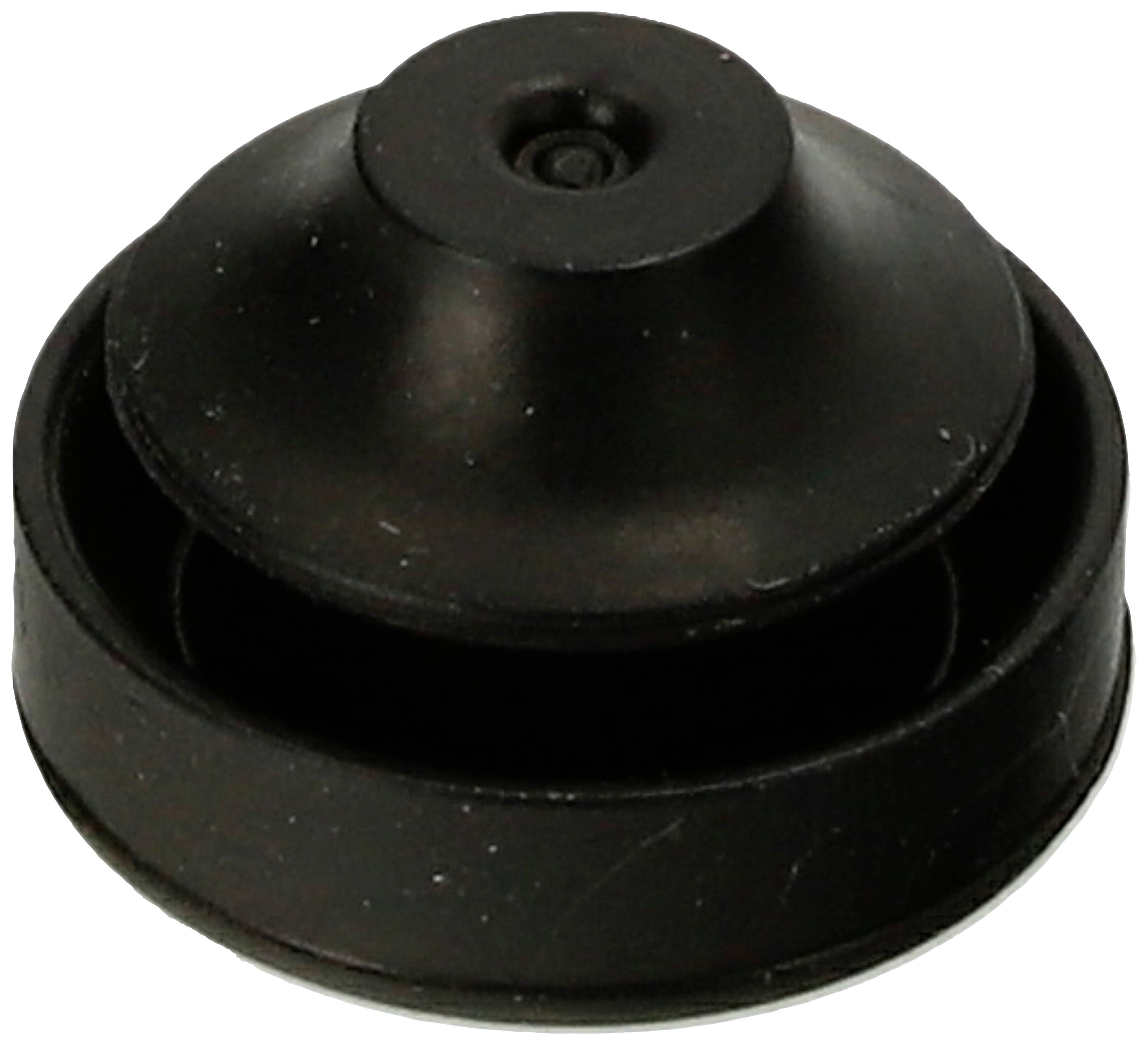 Schwarzes, rundes Objekt mit abgestuften Ebenen; sieht aus wie ein Maschinenbauteil oder eine mechanische Komponente.